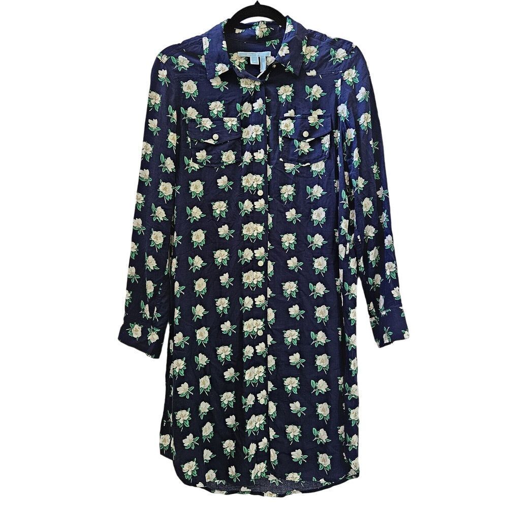 Draper James Magnolia Shirt Dress Navy Floral Long Sleeve Button Front Size 6